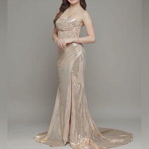 Elegant Strapless Champaign Evening Gown